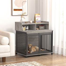 Furniture type dog cage iron frame door with cabinet, top can be opened and closed. Grey, 43.7'' W x 29.9'' D x 42.2'' H