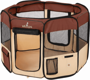 Zampa Portable Foldable Pet playpen Exercise Pen Kennel + Carrying Case (Color: brown, size: Large (61"x61"x30"))